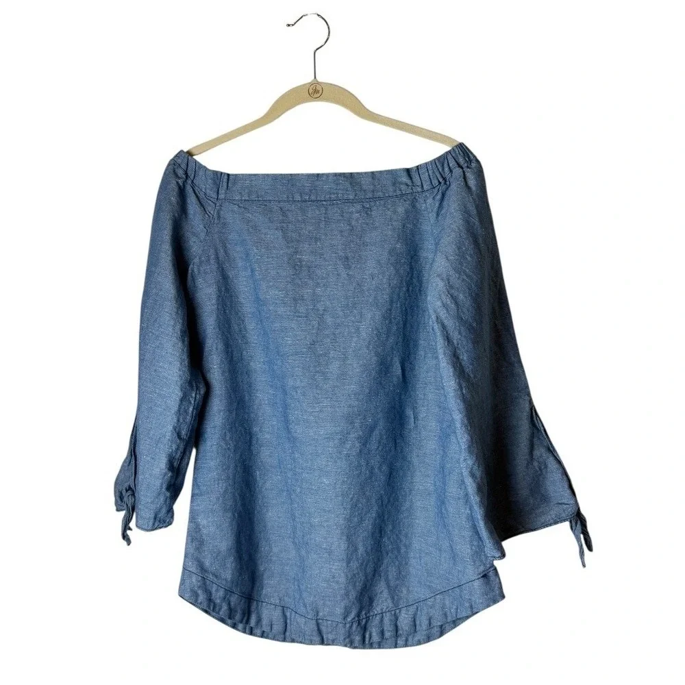 Free People Shirt Women‎ XS Blue Off The Shoulder Chambray Tie Cuff Top Boho